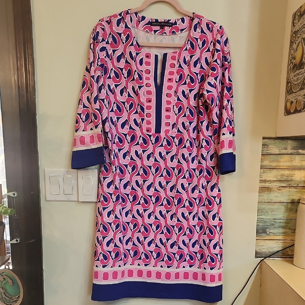 Barbara Erickson Pink and Navy Flamingo Pattern Dress